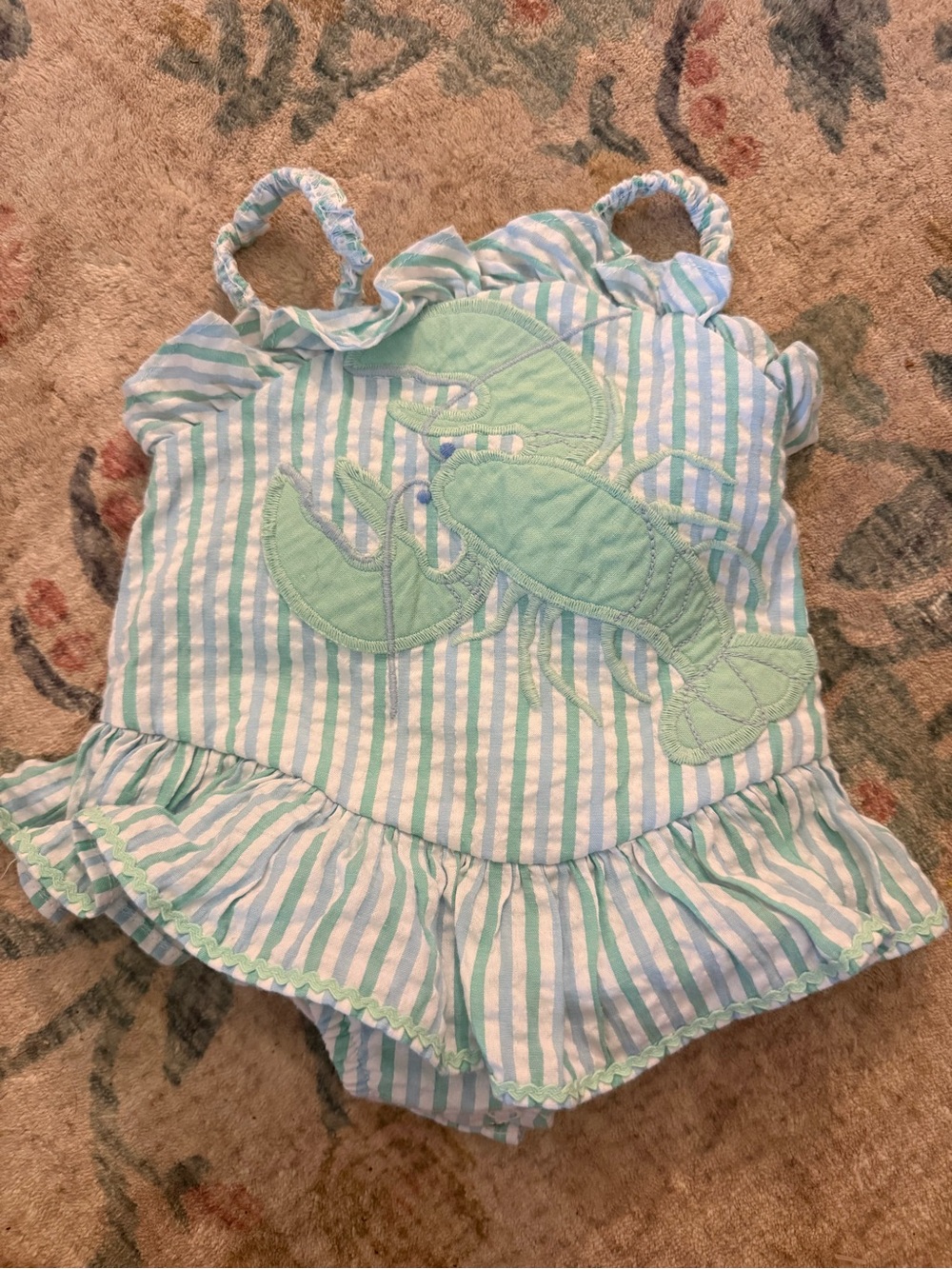Mint & White Striped Kids One-Piece Swimsuit with Lobster Appliqué